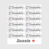 Set van 12 Small Whimsical Smiling Unicorn Name Sticker (Vel)