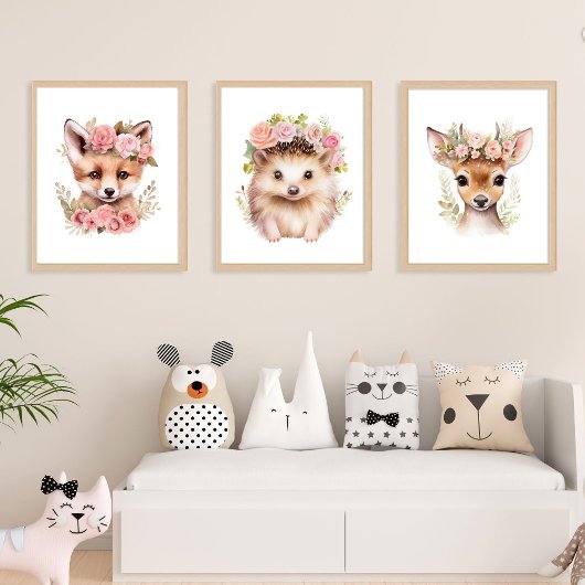 Set van 3 bosdieren meisje roze kinderkamer Prints