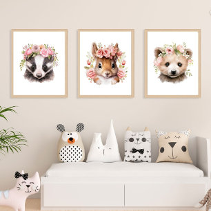 Set van 3 bosdieren roze meisje kinderkamer Prints