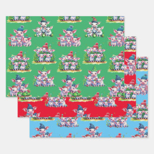 Set van 3 geassorteerde Schattige Varkenskerstcade Inpakpapier Vel