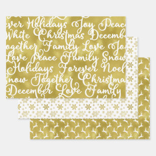 Set van 3 gouden folie en witte moderne kerst inpakpapier vel