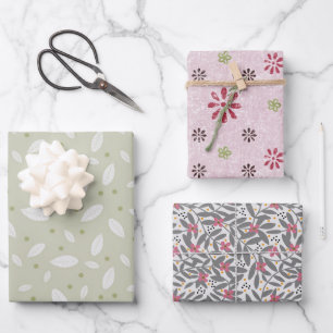 Set van 3 Verpakkingspapieren in bloemen en blader Inpakpapier Vel