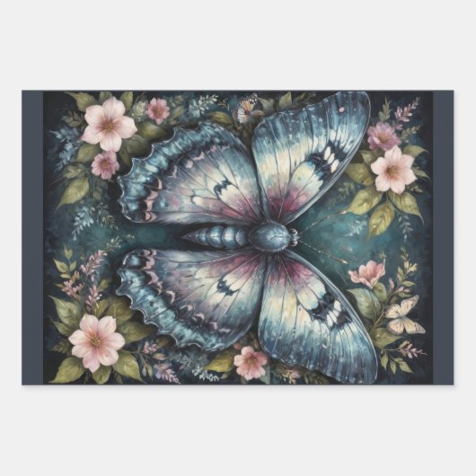 Set van 3 Vlinder en Bloemen -Decoupage- Inpakpapier Vel (Voorkant)