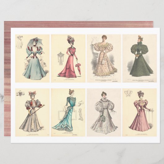 Set van 8 ATC-Kaarten met Victoriaans Mode, collag (Voorkant / Achterkant)