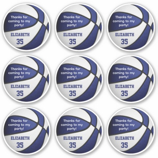 Set van 9 blauw wit basketbal partij dank u sticker (Voorkant)