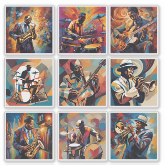 Set van 9 jazzmuzikanten Stickers (Voorkant)