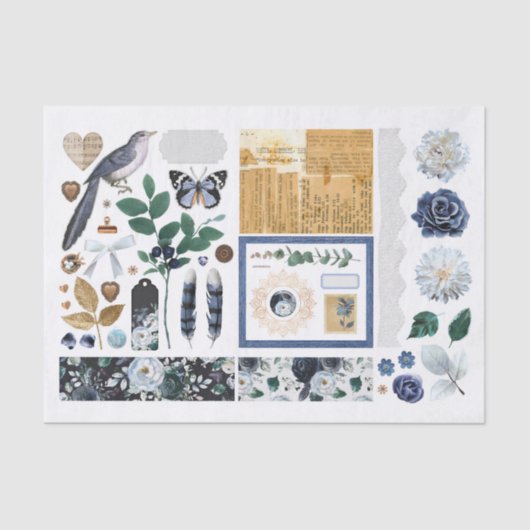 Set van Blauwe Bloemen Ephemera Fussy Cuts Tissuepapier (Voorkant)
