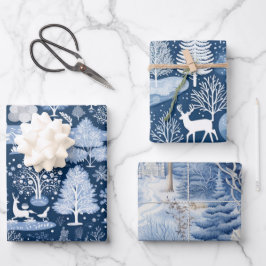 Set van Blue & White Snowy Christmas Inpakpapier Vel