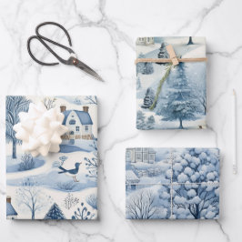 Set van Blue & White Snowy Feestelijke Kerstmis Inpakpapier Vel