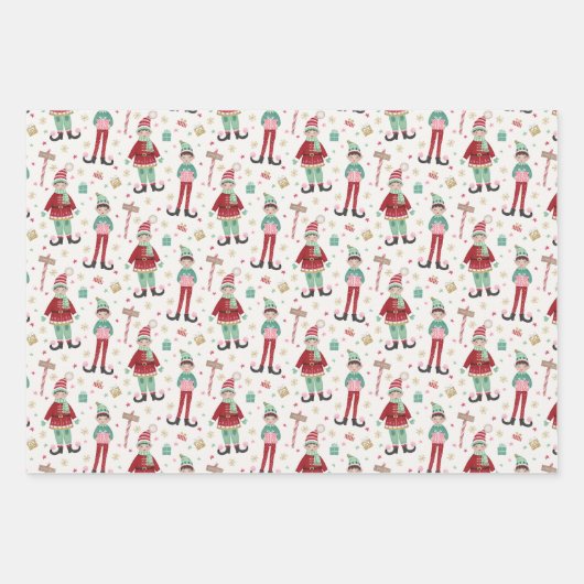Set van drie kleurrijke kerst elf inpakpapier vel (Voorkant)