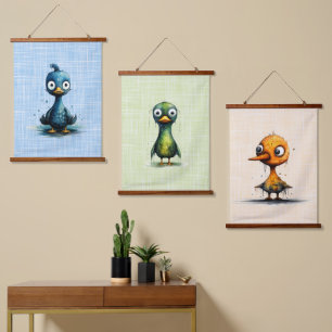 Set van drie Mad Birds Abstract Groen Blauw Geel Hangend Wandkleed