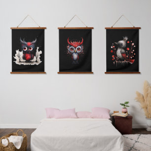Set van drie zwarte en rode boze Abstracte vogels Hangend Wandkleed