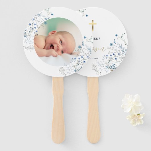 set van tien blauwe wilde bloemen Doop Handwaaier (Voorkant en achterkant)