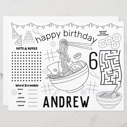 Sets de table Ramen, feuille d'activité d'annivers (Devant / Derrière)