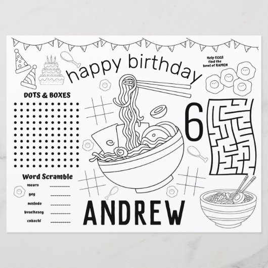 Sets de table Ramen, feuille d'activité d'annivers (Devant)