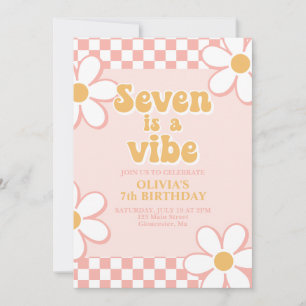 Seven is a Vibe Retro Check Roze Madeliefje Kaart