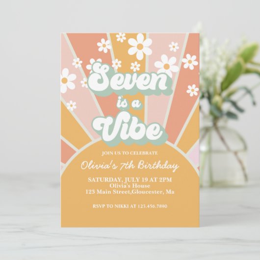 Seven is a Vibe Retro Sunshine madeliefje boho blo Kaart (Staand voorkant)