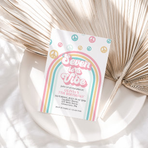 Seven is a Vibe Retro Zomer Regenboog Uitnodiging