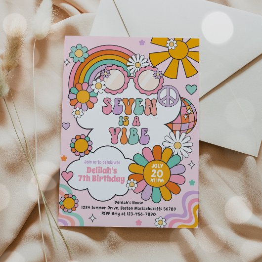 Seven is een Vibe Groovy 70s Flower Power verjaard Kaart