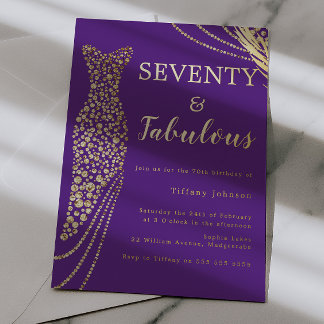 Seventy & Fabulous Purple & Gold 70th Birthday  Folie Uitnodiging