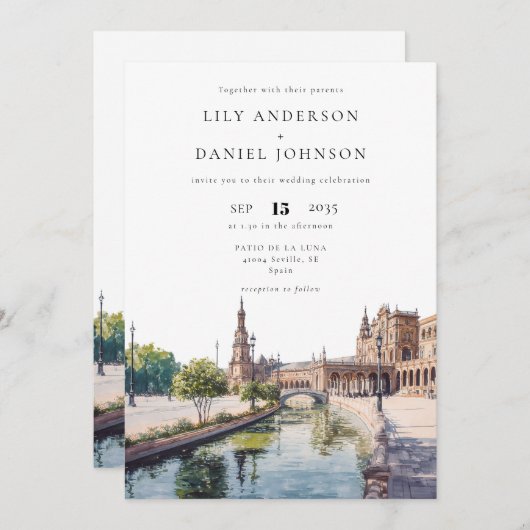 Sevilla Spanje Aquarel QR Code Trouwen Kaart (Voorkant / Achterkant)