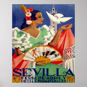 Sevilla, Spanje, vrouw met witte duif, vintage Poster