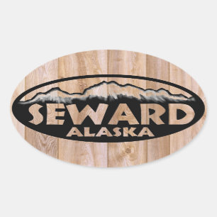 Seward Alaska wooden sign oval stickers