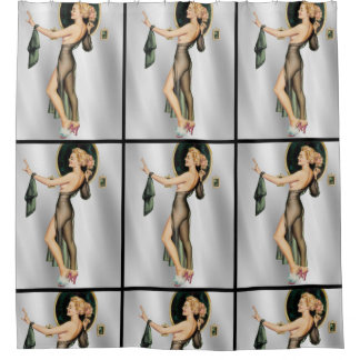  Sexy Blond Pinup in Spure Black Silver Douchegordijn