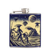 SF - Aliens op een vreemde planeet houtsnede 1 Heupfles (Voorkant)