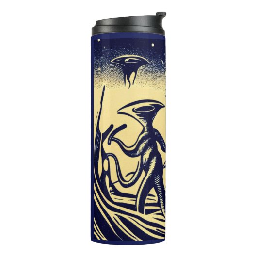 SF - Aliens op een vreemde planeet houtsnede 1 Thermosbeker (Gedraaid links)