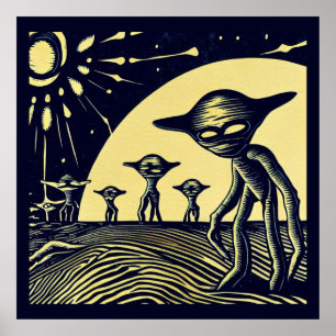 SF - Aliens op een vreemde planeet houtsnede 2 Poster