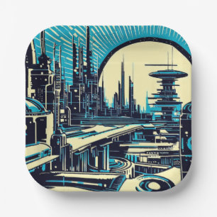 SF Futuristische City Woodcut 3 Papieren Bordje