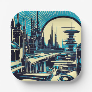 SF Futuristische City Woodcut 3 Papieren Bordje