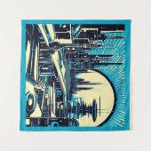 SF Futuristische City Woodcut 3 Wandkleed (Voorkant (horizontaal))