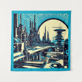SF Futuristische City Woodcut 3 Wandkleed