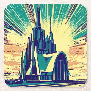 SF Futuristische Kerk 3 Vierkante Kartonnen Onderzetter