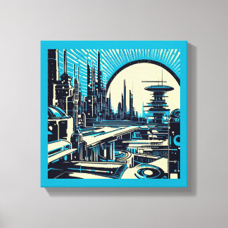 SF Futuristische Stad Houtsnede 3 Canvas Afdruk