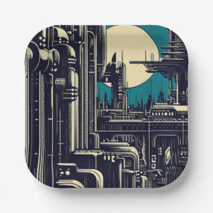 SF Futuristische Stad Woodcut 2 Papieren Bordje