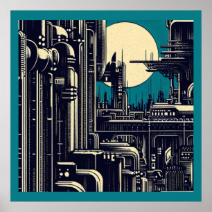 SF Futuristische Stad Woodcut 2 Poster