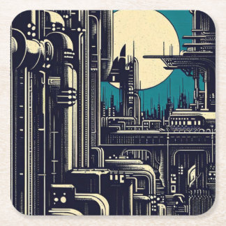 SF Futuristische Stad Woodcut 2 Vierkante Kartonnen Onderzetter