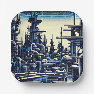 SF Futuristische Stad Woodcut 4 Papieren Bordje