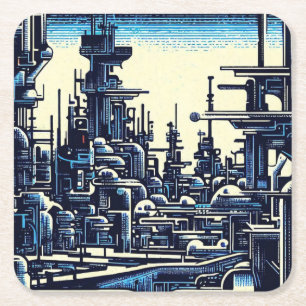 SF Futuristische Stad Woodcut 4 Vierkante Kartonnen Onderzetter