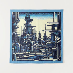 SF Futuristische Stad Woodcut 4 Wandkleed