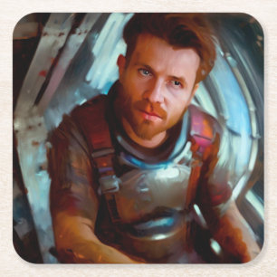 SF Hero aan boord van ruimteschip 4 Vierkante Kartonnen Onderzetter