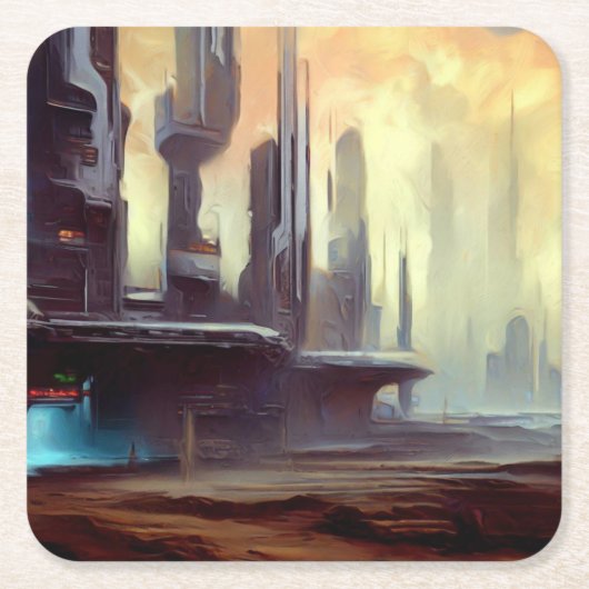 SF Stad Op Een Vreemde Planeet 2 Vierkante Kartonnen Onderzetter (Voorkant)