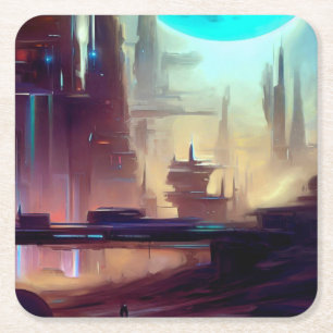 SF Stad Op Een Vreemde Planeet 3 Vierkante Kartonnen Onderzetter