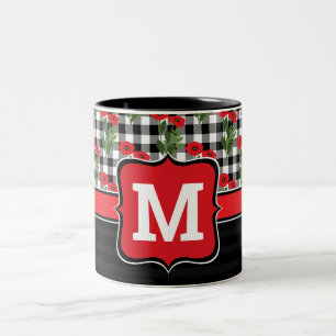 Sfeervol rood, zwart en witte klaprozen monogram t tweekleurige koffiemok