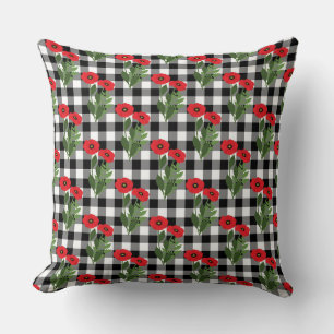 Sfeervol rood, zwart & wit klaprozen gingham kussen