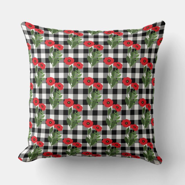 Sfeervol rood, zwart & wit klaprozen gingham kussen (Voorkant)