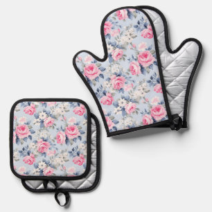 Sfeervol roze rozen witte bloemen patroon ovenwant & pannenlap set